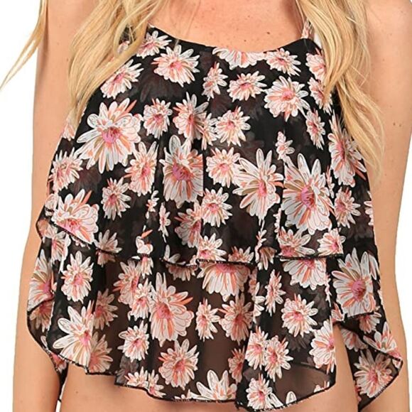 Exist Women's Black Summer Ruffle Spaghetti Strap Floral Print Tank Top - Picture 1 of 10